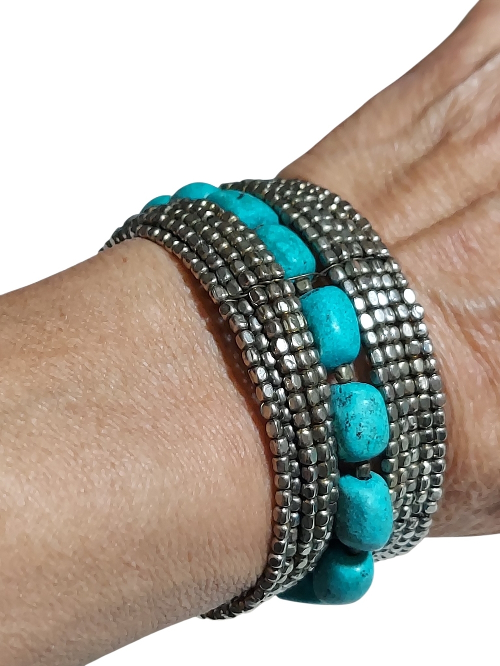 Silver Tone Turquoise Beaded Cuff Bracelet Boho Western Southwestern Statement - Picture 6 of 6